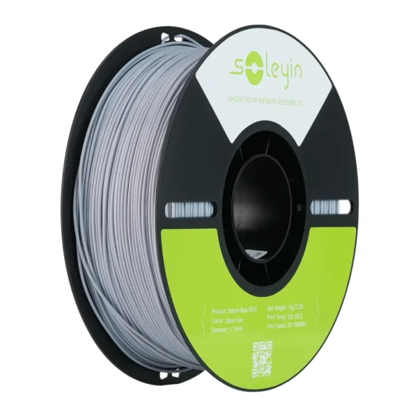 Creality Soleyin Basic PETG Glacier Gray Filament 1.75mm 1kg spool with black reel and neatly wound gray filament