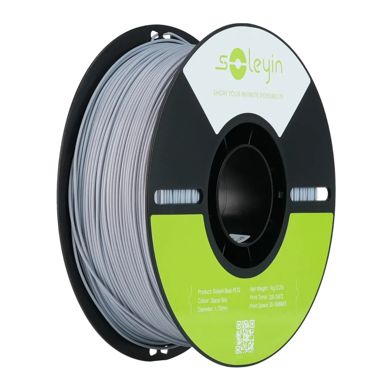 Creality Soleyin Basic PETG Glacier Gray Filament 1.75mm 1kg spool with black reel and neatly wound gray filament