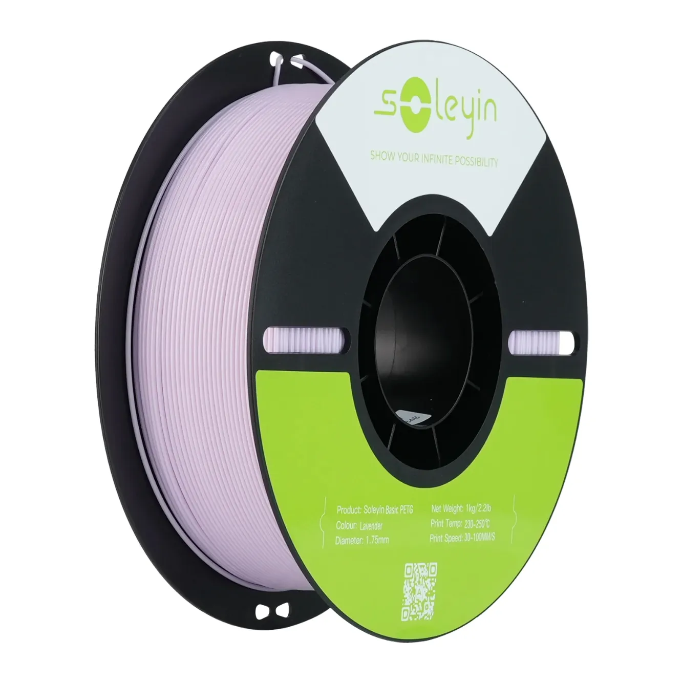 Creality Soleyin Basic PETG Lavender Filament 1.75mm 1kg spool with black reel and neatly wound lavender filament