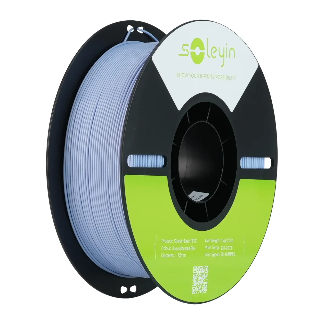 Creality Soleyin Basic PETG Snow Mountain Blue Filament 1.75mm 1kg spool with black reel and neatly wound snow mountain blue filament