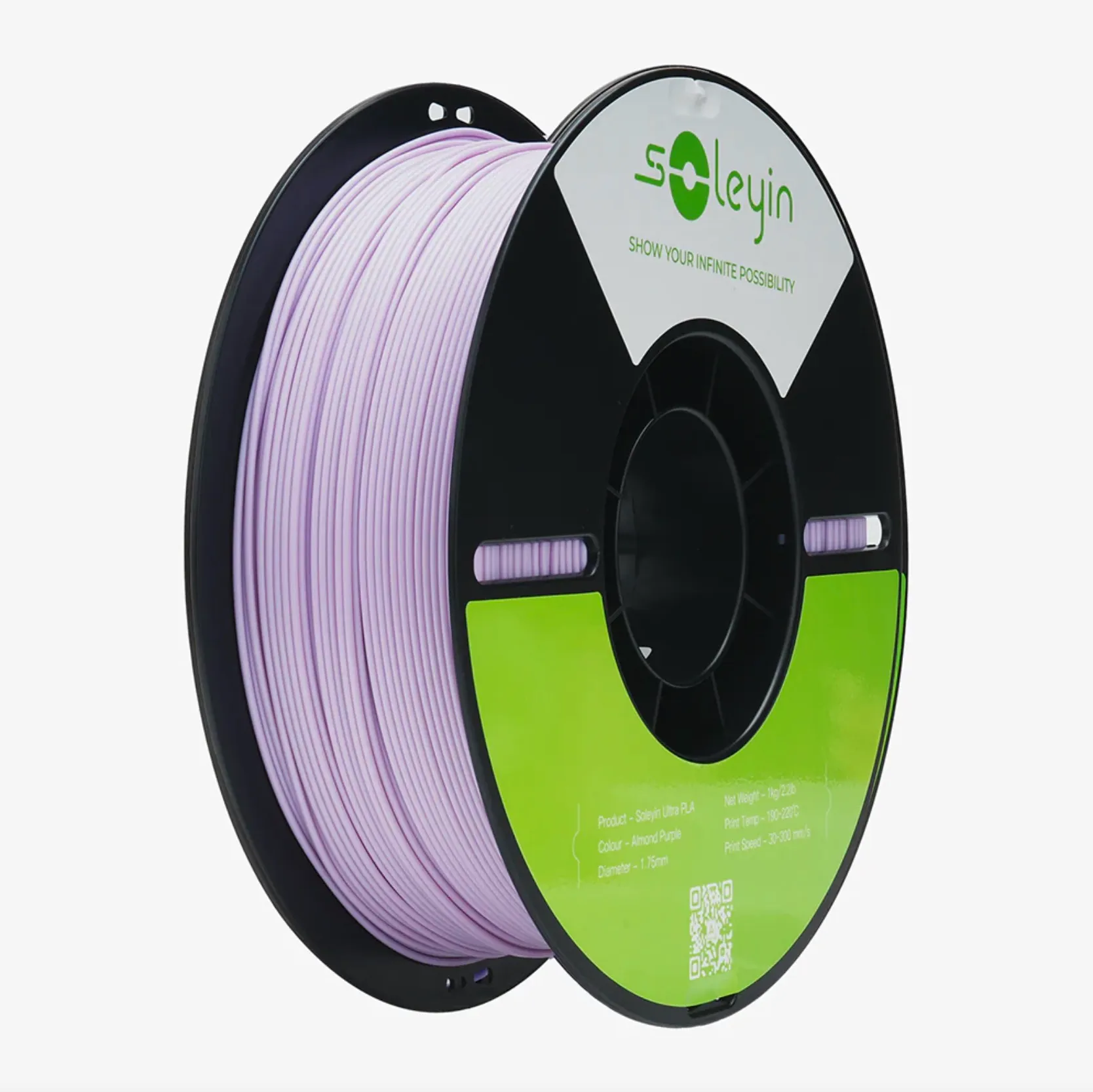 Creality Soleyin Ultra PLA Almond Purple filament 1.75mm 1kg spool with light purple filament on black reel and green product label