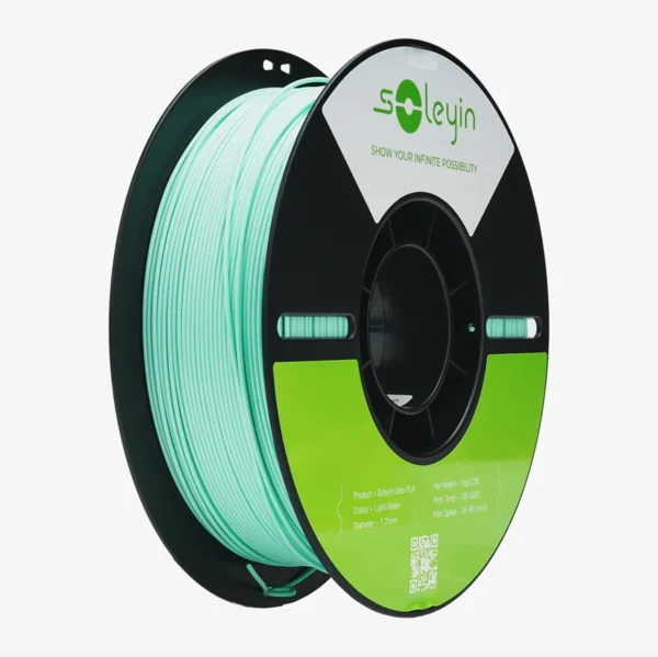 Creality Soleyin Ultra PLA Light Green filament 1.75mm 1kg spool with light green filament on black reel and green product label