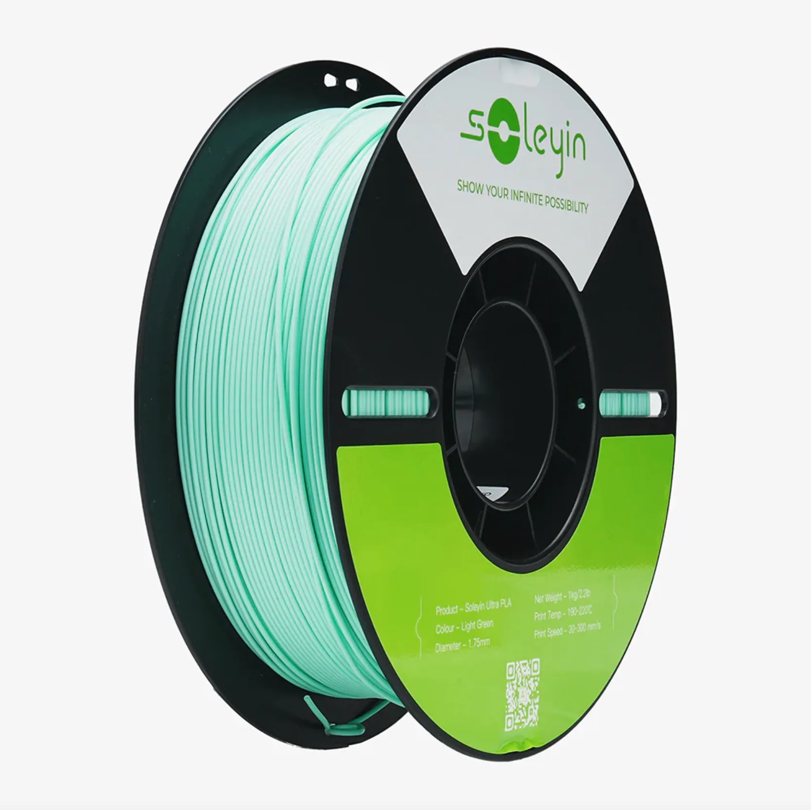 Creality Soleyin Ultra PLA Light Green filament 1.75mm 1kg spool with light green filament on black reel and green product label