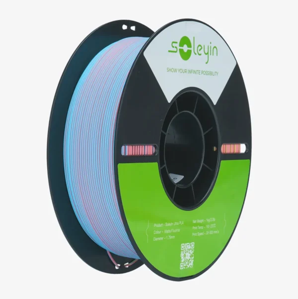 Creality Soleyin Ultra PLA Matte Fluonte Filament 1.75mm 1kg Spool Creality Soleyin Ultra PLA Matte Fluonte filament 1.75mm 1kg spool with black reel and green label showing product specifications