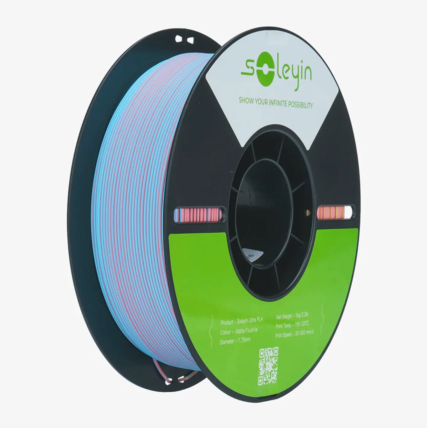 Creality Soleyin Ultra PLA Matte Fluonte filament 1.75mm 1kg spool with black reel and green label showing product specifications