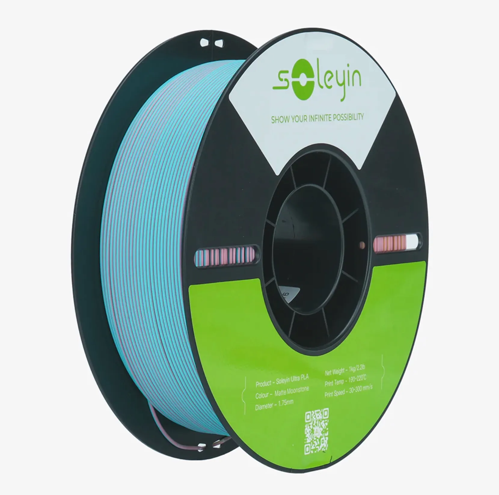 Creality Soleyin Ultra PLA Matte Moonstone filament 1.75mm 1kg spool with dual-color matte filament on black reel and green product label