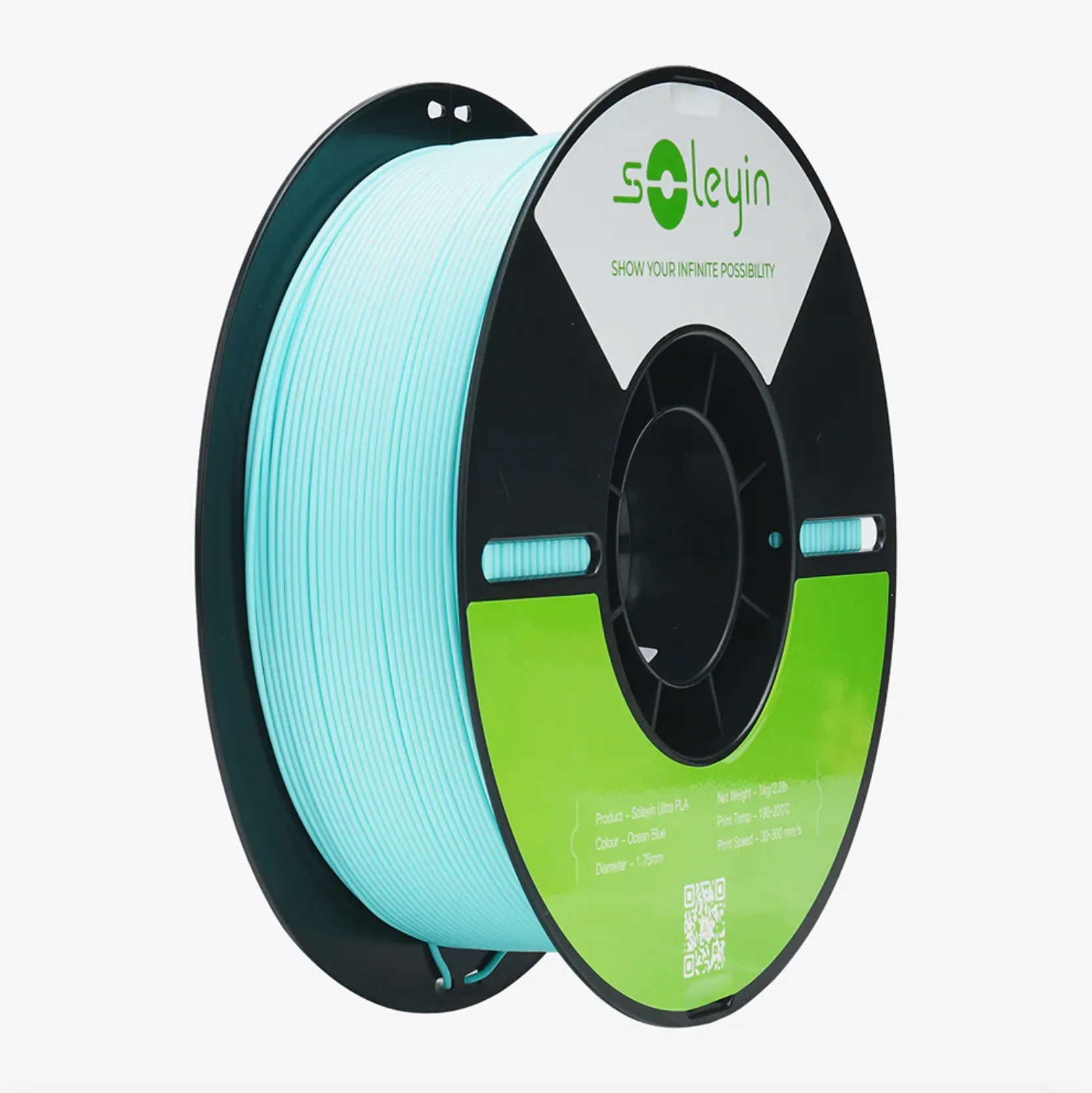 Creality Soleyin Ultra PLA Ocean Blue filament 1.75mm 1kg spool with light blue filament on black reel and green product label