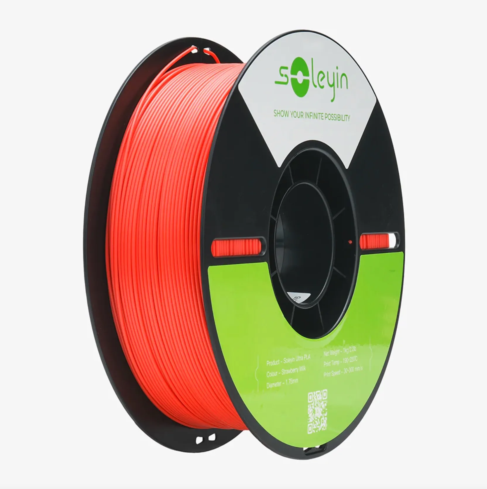 Creality Soleyin Ultra PLA Strawberry Milk filament 1.75mm 1kg spool with red filament on black reel and green product label