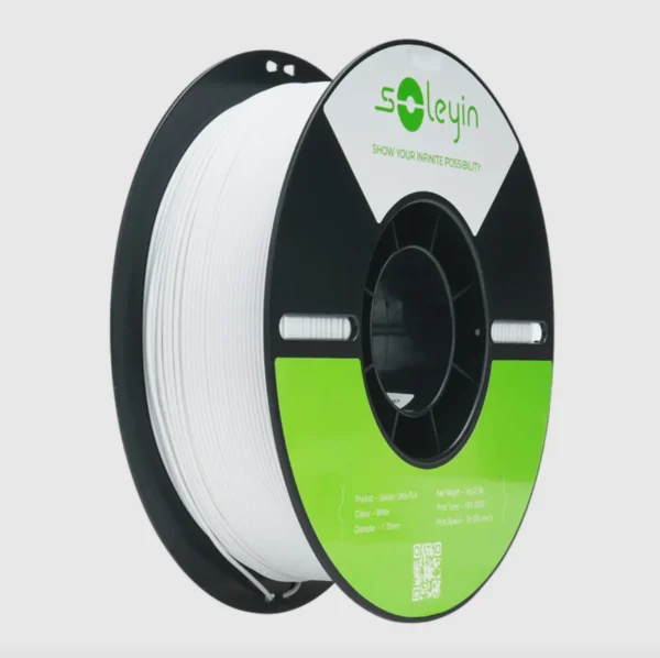 Creality Soleyin Ultra PLA White filament 1.75mm 1kg spool with white filament on black reel and green product label