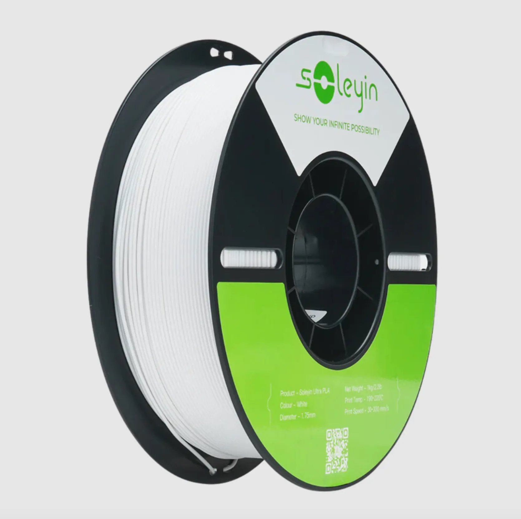 Creality Soleyin Ultra PLA White filament 1.75mm 1kg spool with white filament on black reel and green product label
