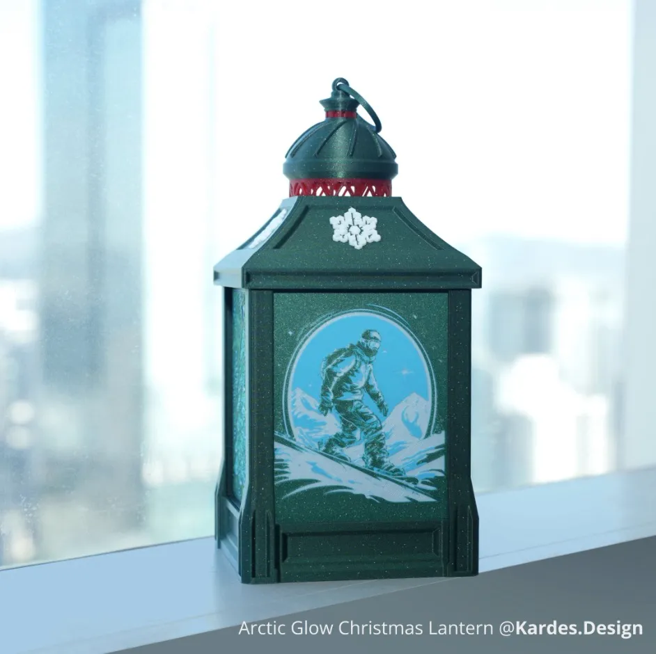 Christmas lantern decorative model printed using Bambu PLA Spark filament with glitter texture