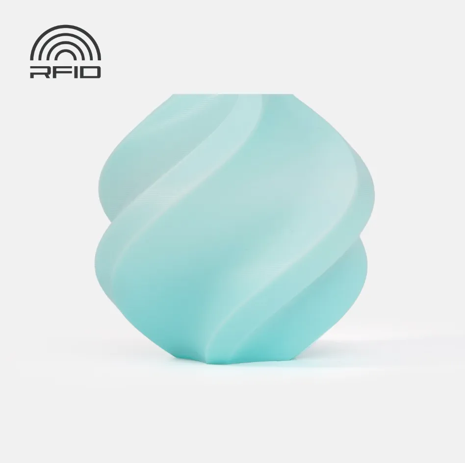 Decorative spiral container 3D printed using Bambu Lab PLA Basic Gradient Arctic Whisper Filament with Spool (Color Code 10900) showing smooth Arctic blue gradient PLA layers
