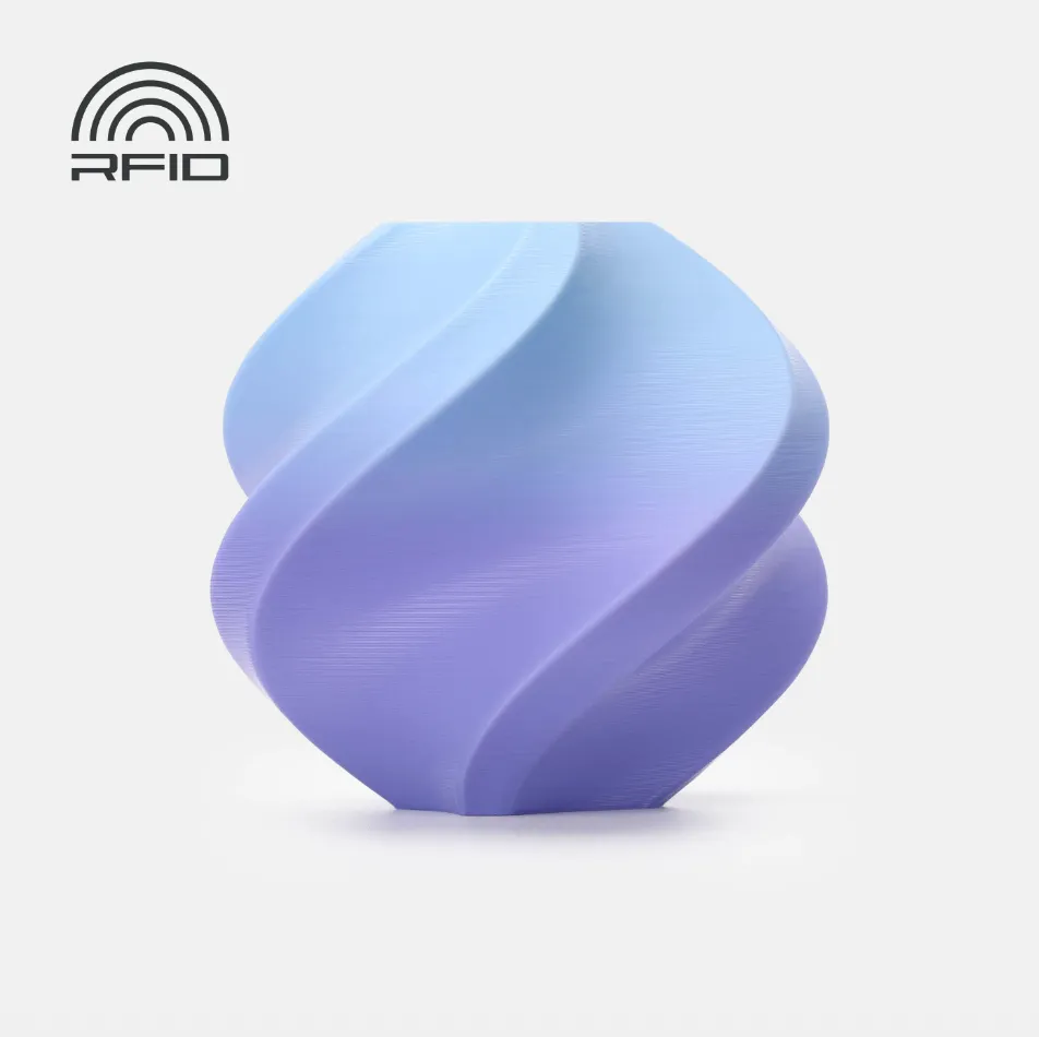 Spiral decorative container 3D printed with Bambu Lab PLA Basic Gradient Blueberry Bubblegum Filament with Spool showing smooth blue to purple gradient finish, Color Code 10904.