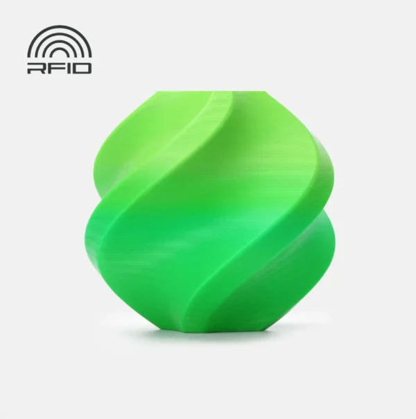 Spiral decorative container 3D printed with Bambu Lab PLA Basic Gradient Mint Lime Filament with Spool showing bright mint to lime gradient finish, Color Code 10904.