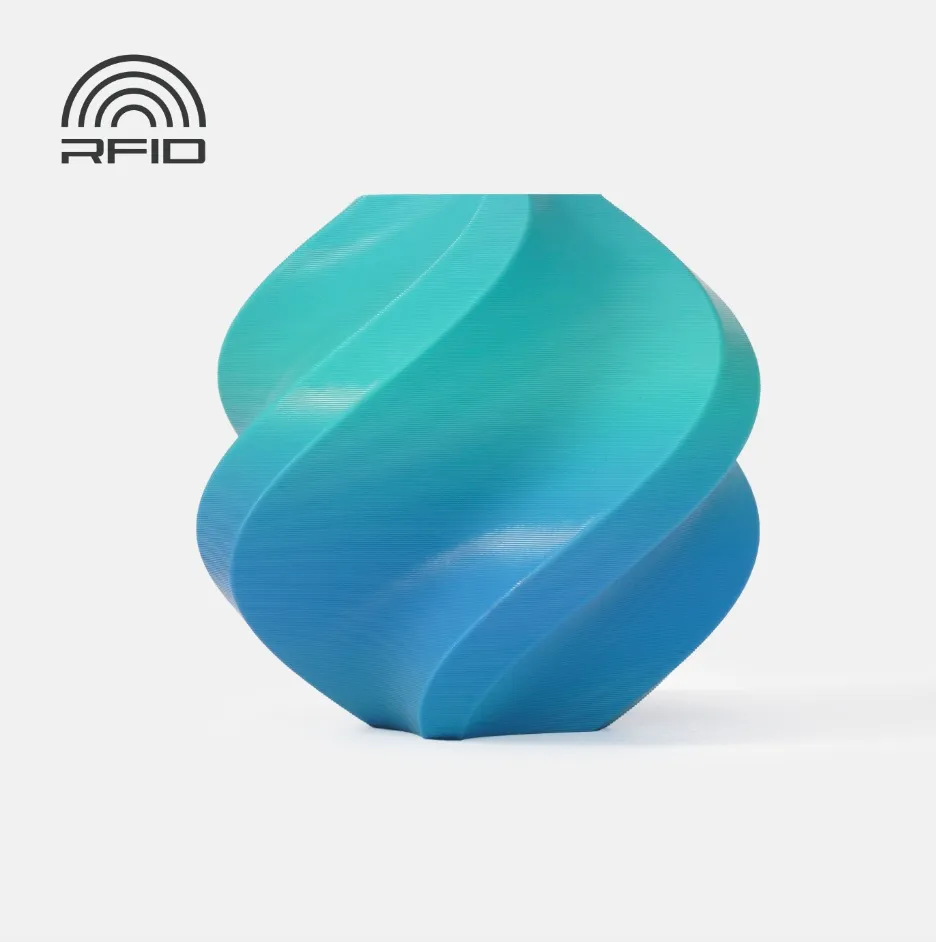 Decorative spiral container 3D printed with Bambu Lab PLA Basic Gradient Ocean to Meadow Filament with Spool featuring smooth blue to green gradient layers, Color Code 10902.