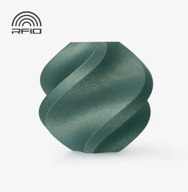 Decorative spiral container 3D printed using Bambu Lab PLA Galaxy Green Filament with Spool (Color Code 13503) showing dark green PLA with subtle galaxy-style sparkle texture