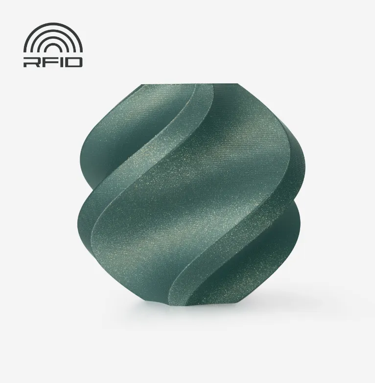 Decorative spiral container 3D printed using Bambu Lab PLA Galaxy Green Filament with Spool (Color Code 13503) showing dark green PLA with subtle galaxy-style sparkle texture