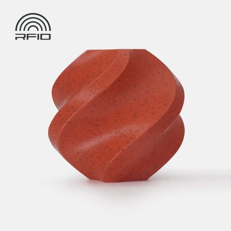 Decorative spiral container 3D printed using Bambu Lab PLA Red Granite filament 1.75mm 1kg Spool (Color Code 13201) showing granite-style speckled PLA texture