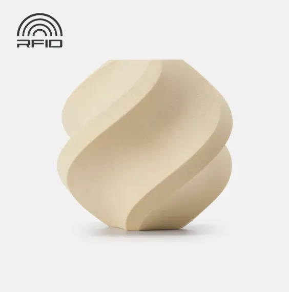 Decorative spiral container 3D printed using Bambu Lab PLA Wood White Oak Filament with Spool Color Code 13106 showing smooth wood-like PLA surface