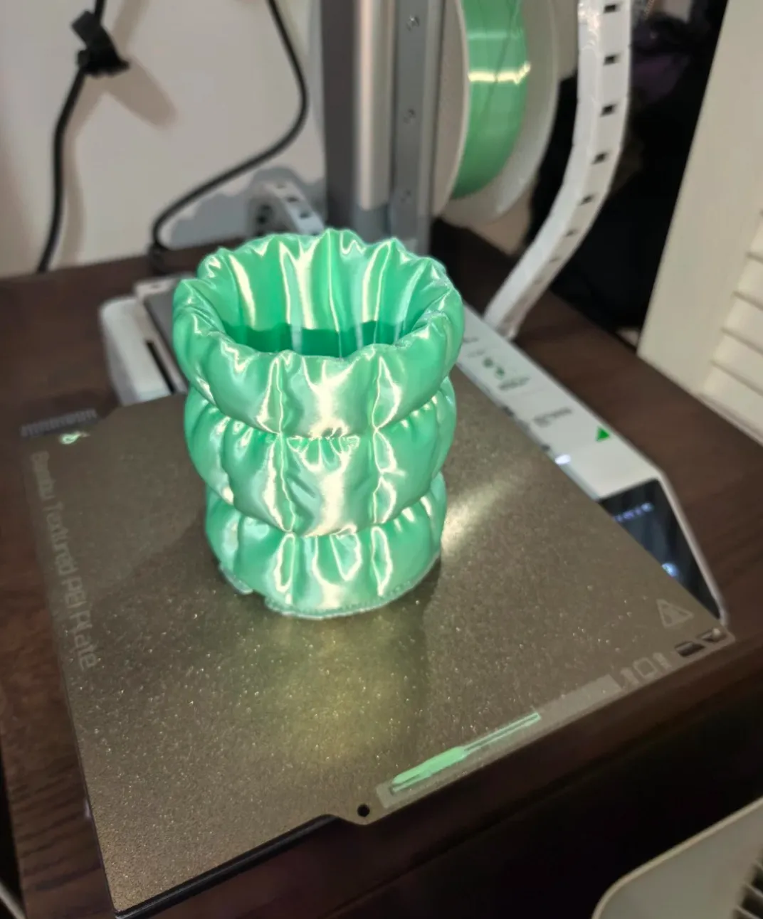 Decorative vase printed on 3D printer build plate using Bambu Lab PLA Silk+ Mint Green Filament 1.75mm 1kg/Spool Color Code 13507