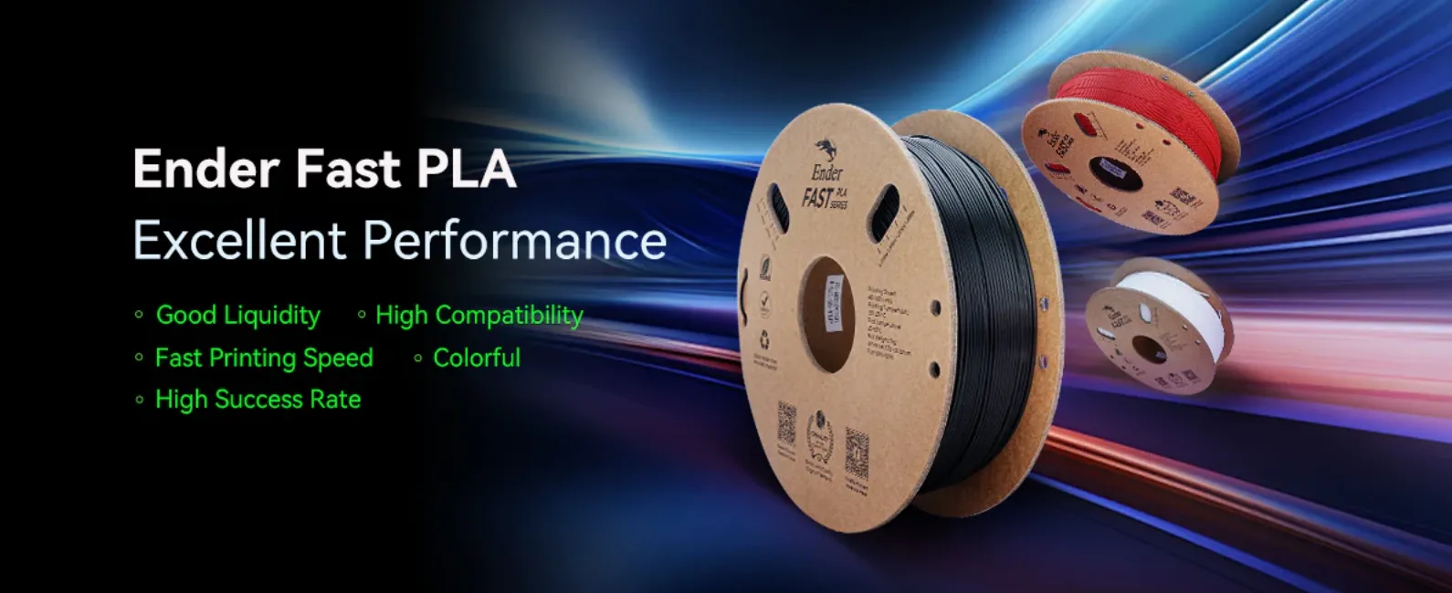 Ender Fast PLA 1.75mm 3D printing filament banner with spool display and excellent performance features