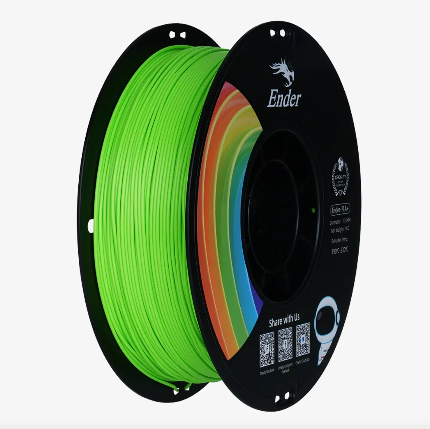 Ender PLA+ apple green 3D printing filament spool 1.75mm 1kg on black reel