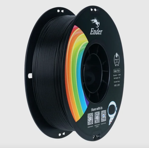Ender PLA+ Black Filament Spool 1.75mm 1kg Ender PLA+ black 3D printing filament spool 1.75mm 1kg on black reel