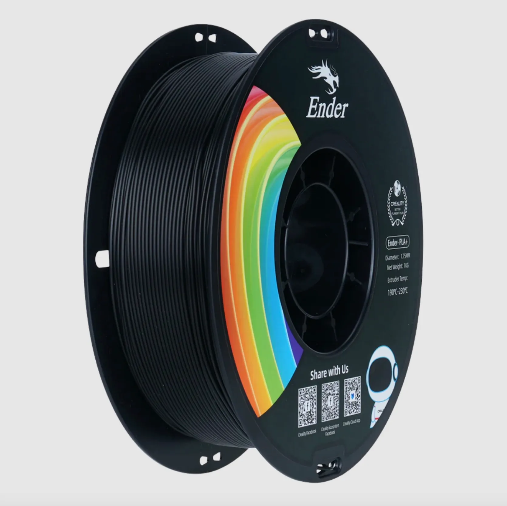 Ender PLA+ black 3D printing filament spool 1.75mm 1kg on black reel