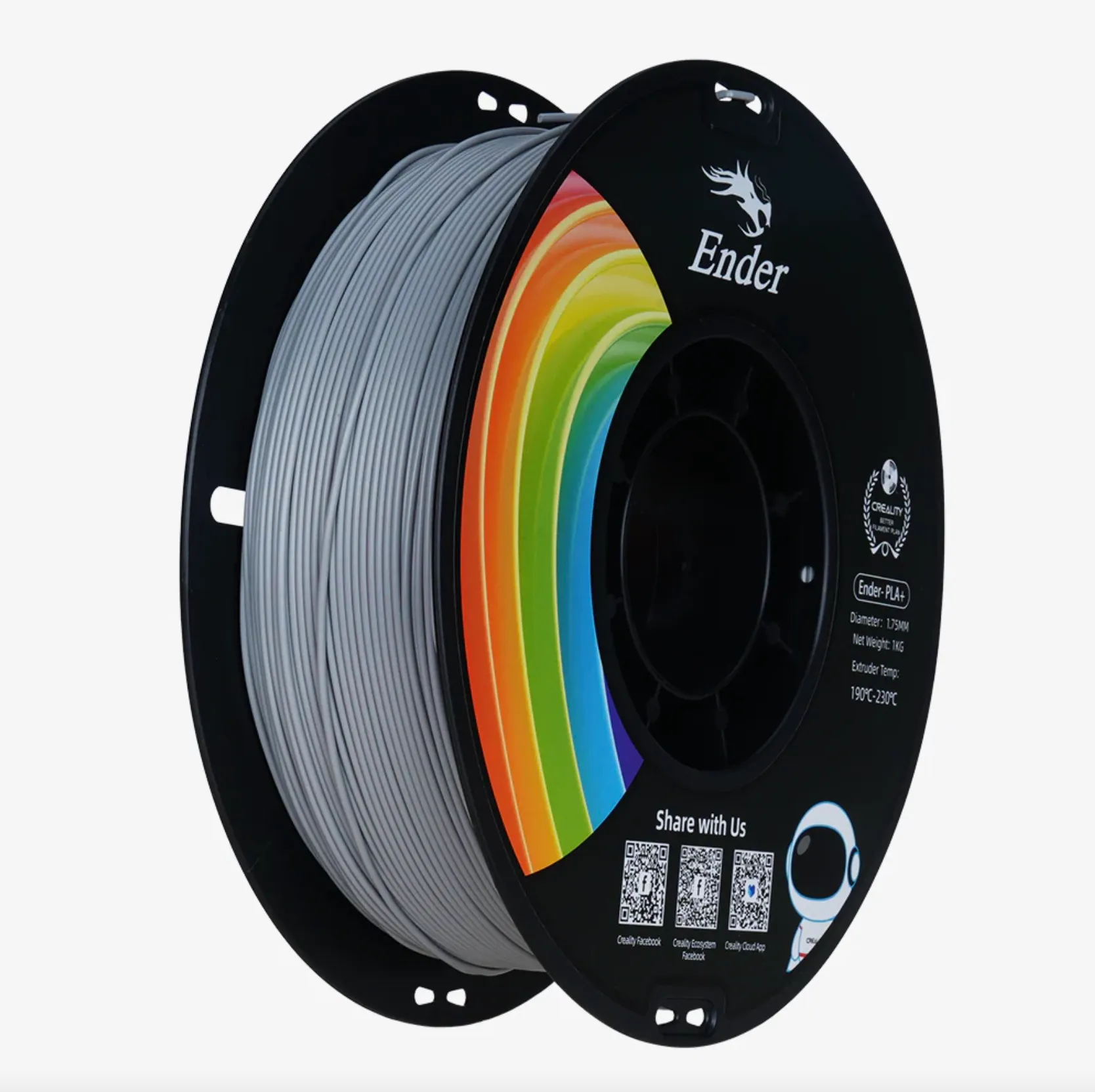 Ender PLA+ gray 3D printing filament spool 1.75mm 1kg on black reel