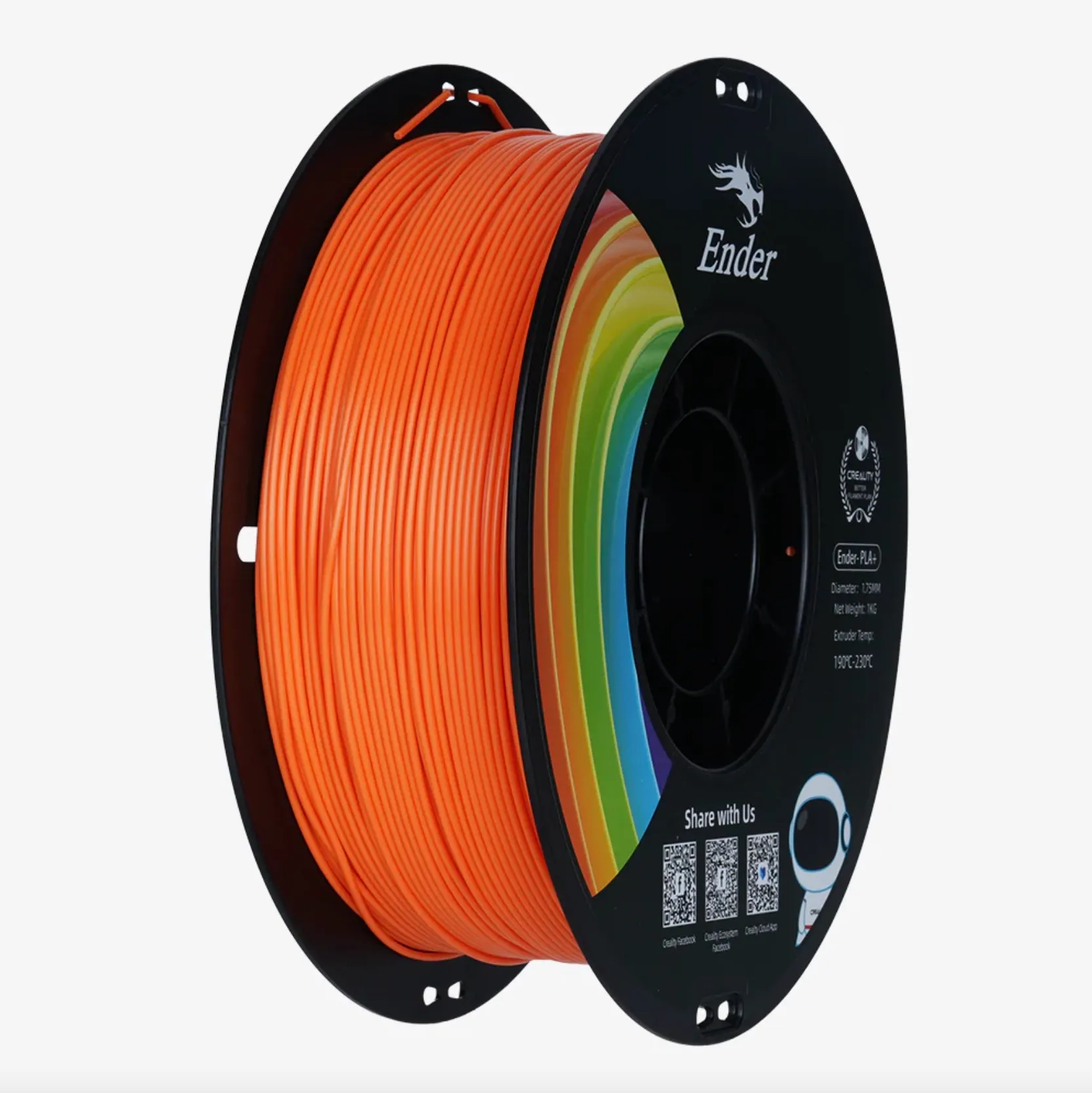 Ender PLA+ Orange 3D printing filament spool 1.75mm 1kg on black reel