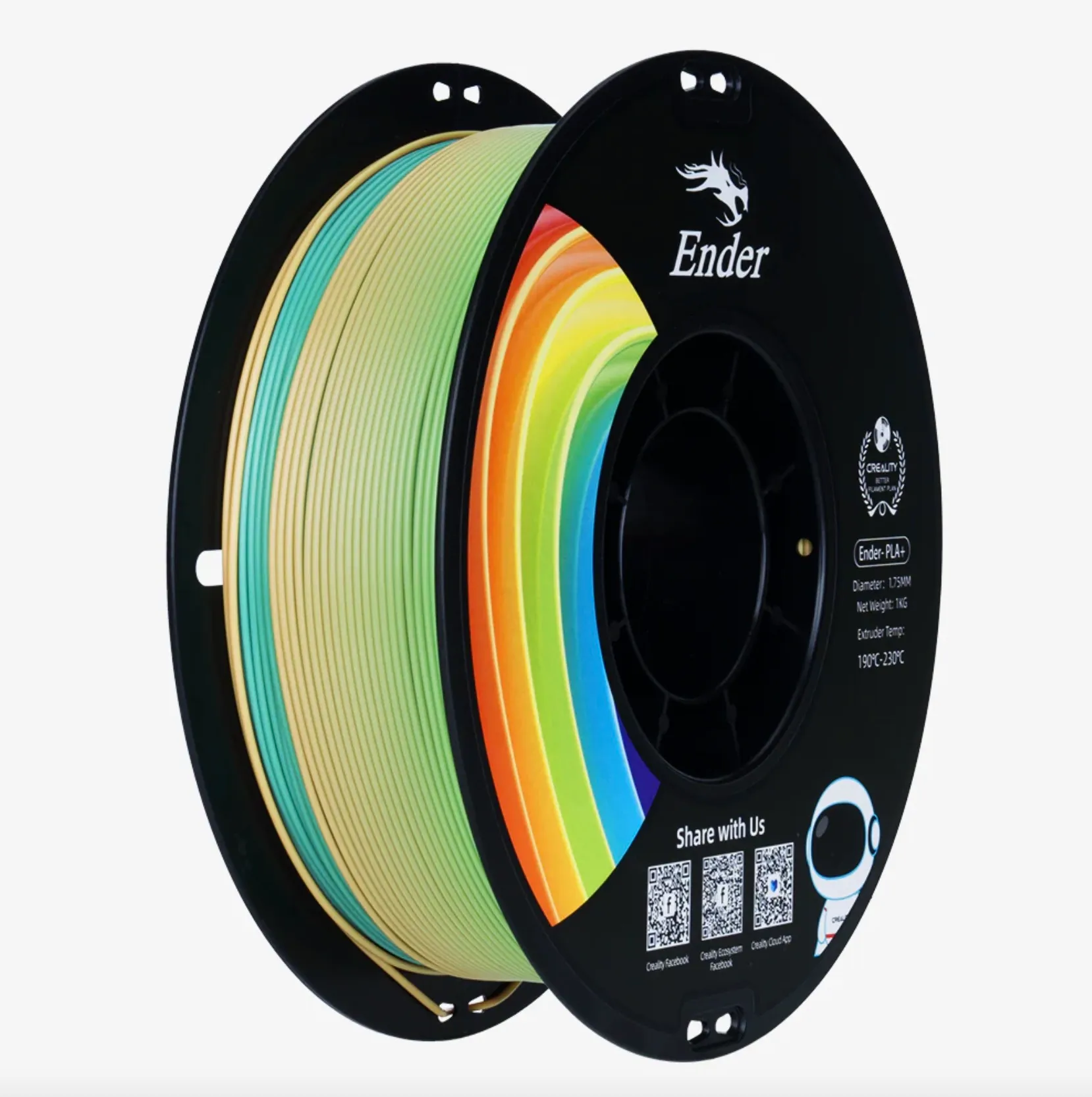 Ender PLA+ rainbow 3D printing filament spool 1.75mm 1kg multicolor on black reel