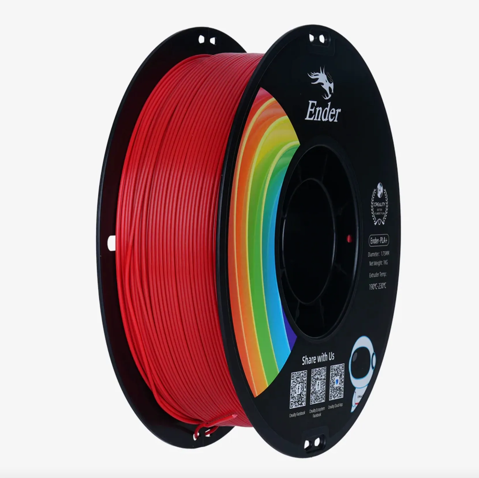 Ender PLA+ red 3D printing filament spool 1.75mm 1kg on black reel