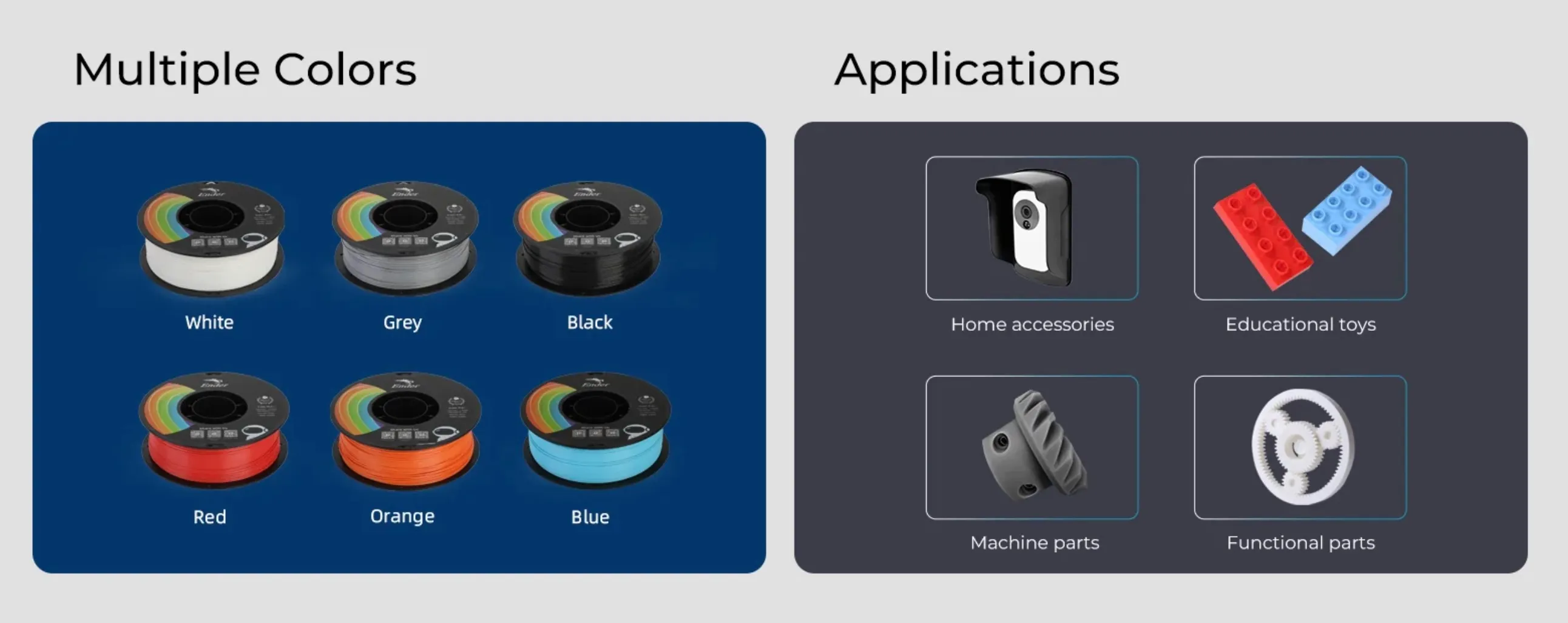 Ender PLA+ filament color options and application examples