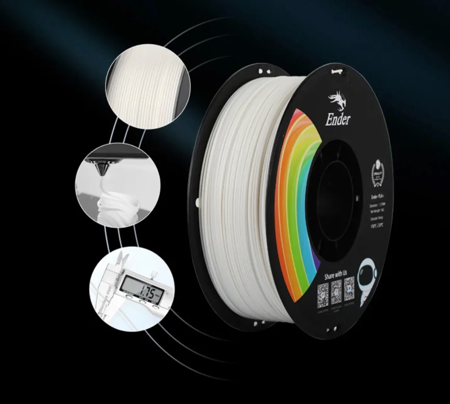 Ender PLA+ filament spool with close-up of filament surface, extrusion detail and 1.75mm measurement