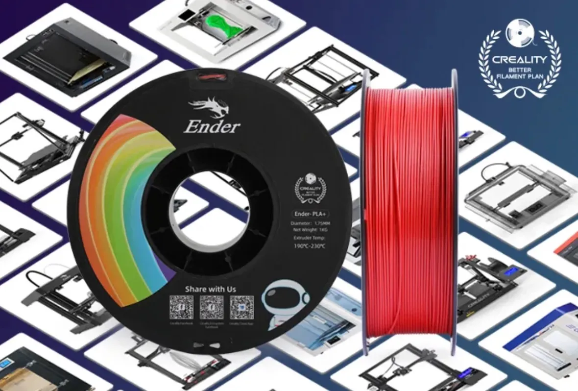 Ender PLA+ filament spool and red filament with multiple Creality 3D printers in background