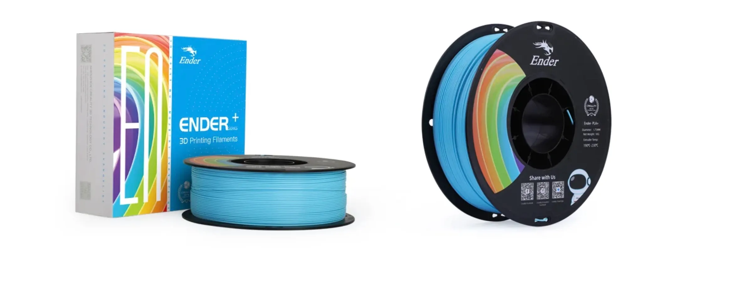 Ender PLA+ filament spool and packaging box with blue filament