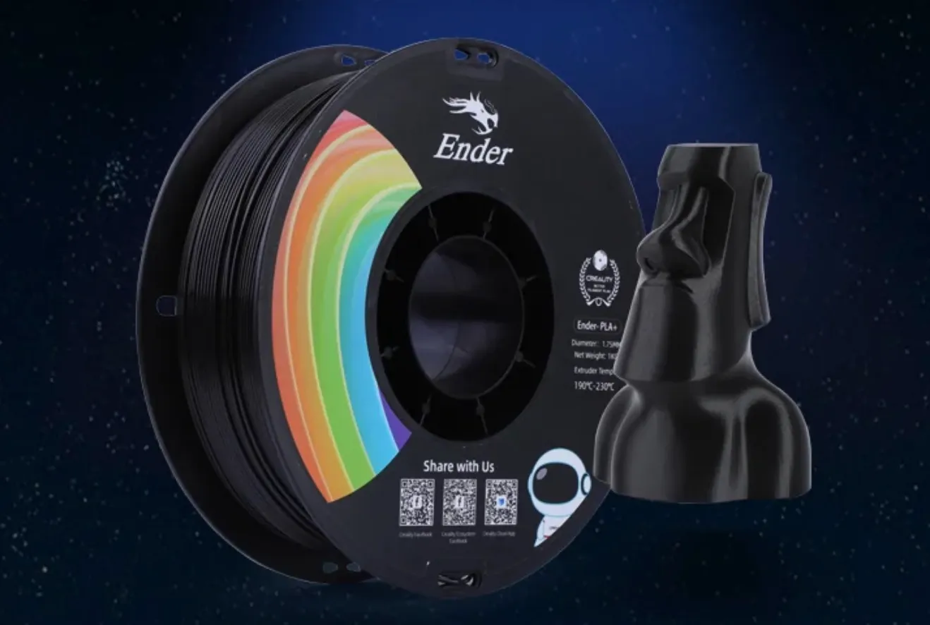 Ender PLA+ filament spool next to black 3D printed model