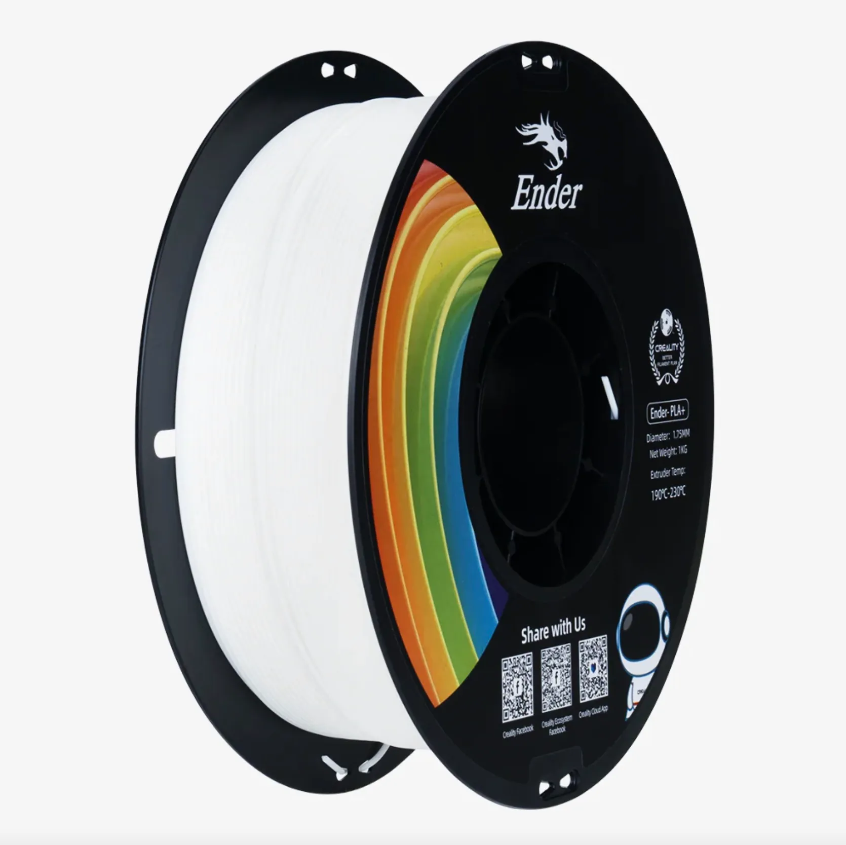 Ender PLA+ white 3D printing filament spool 1.75mm 1kg on black reel