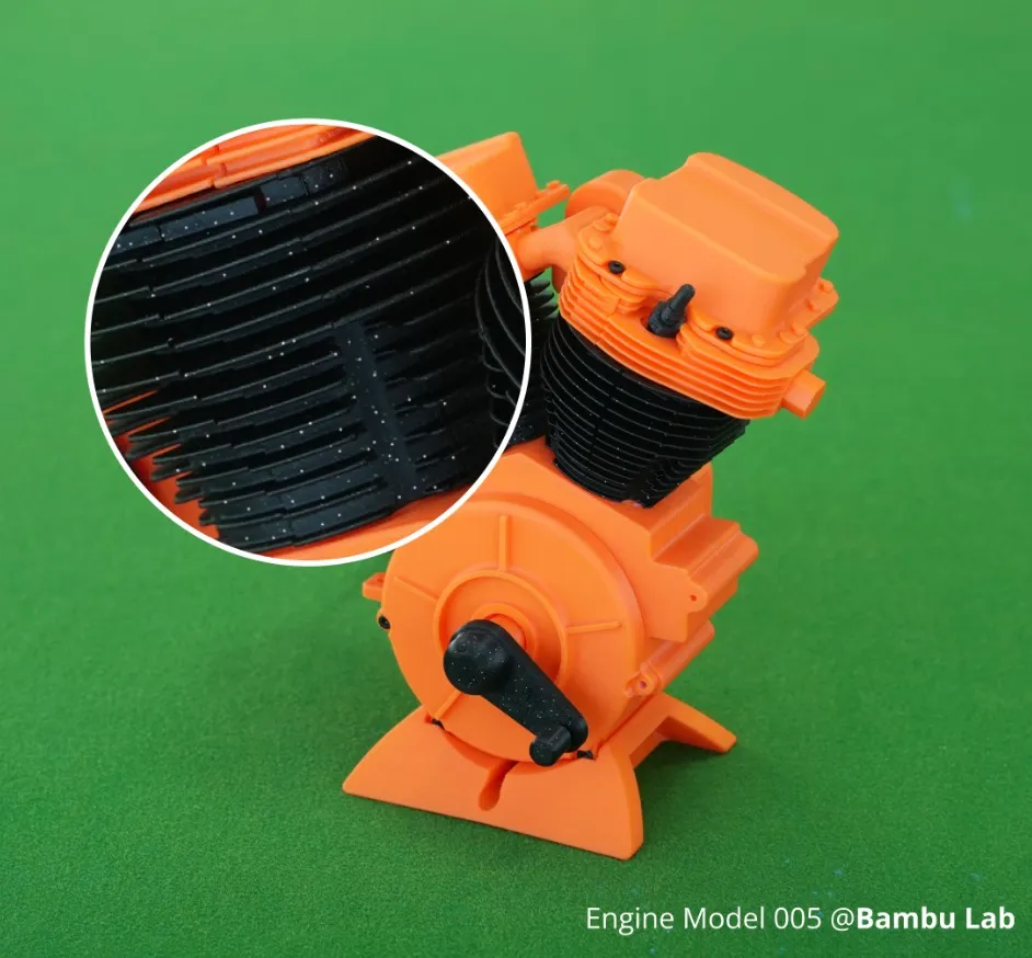 miniature engine model 3D printed using Bambu PLA Spark filament showing sparkling surface texture