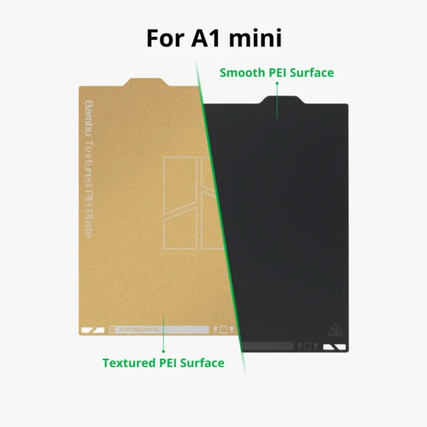 FAP-012 Bambu Dual-Texture PEI Plate for A1 Mini showing smooth PEI surface and textured PEI surface