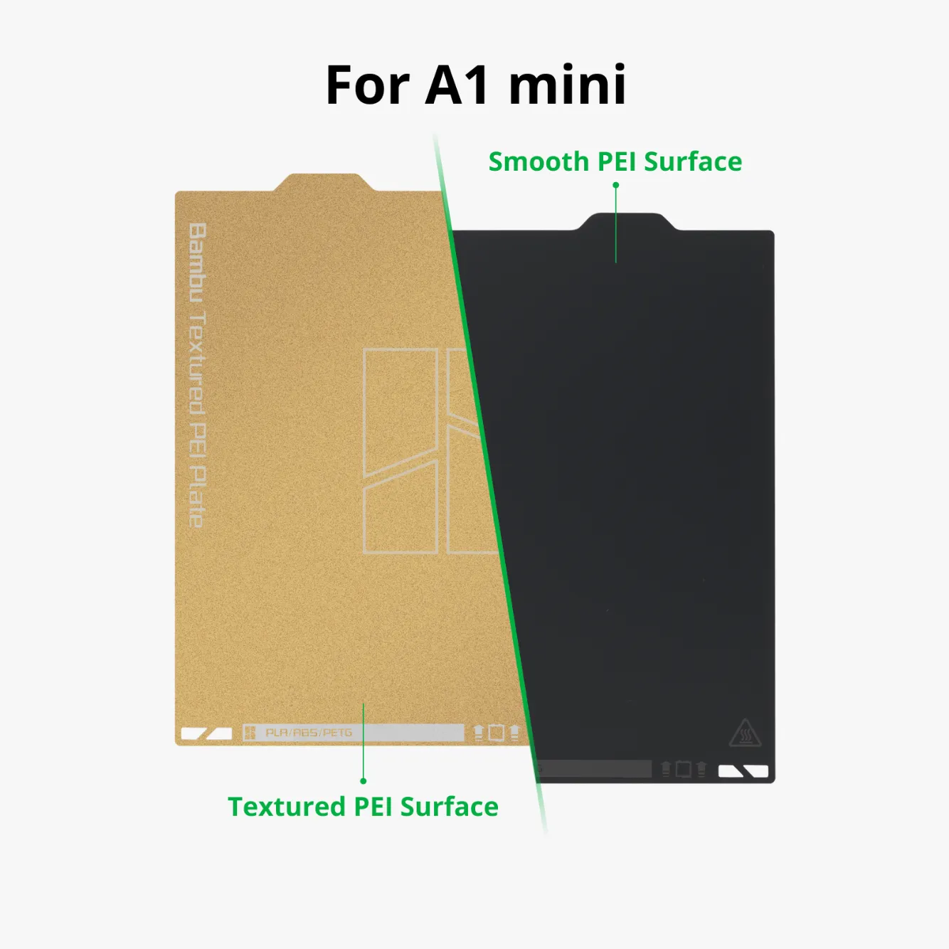 FAP-012 Bambu Dual-Texture PEI Plate for A1 Mini showing smooth PEI surface and textured PEI surface