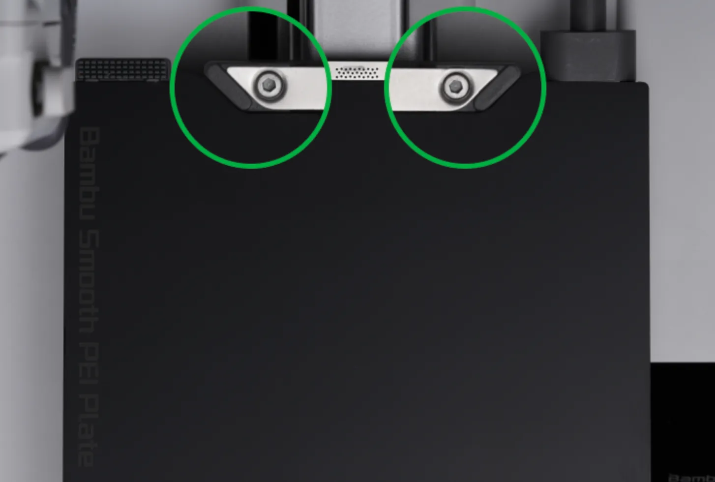 FAP-012 Bambu Dual-Texture PEI Plate for A1 Mini alignment detail showing fixed points and positioning screws