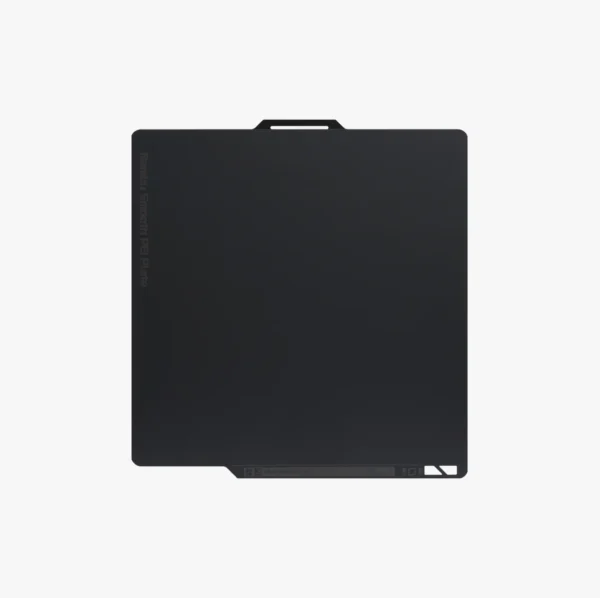 FAP010 Bambu Smooth Build Plate showing flat black PEI surface with handle tab and edge labeling for PLA ABS PETG printing