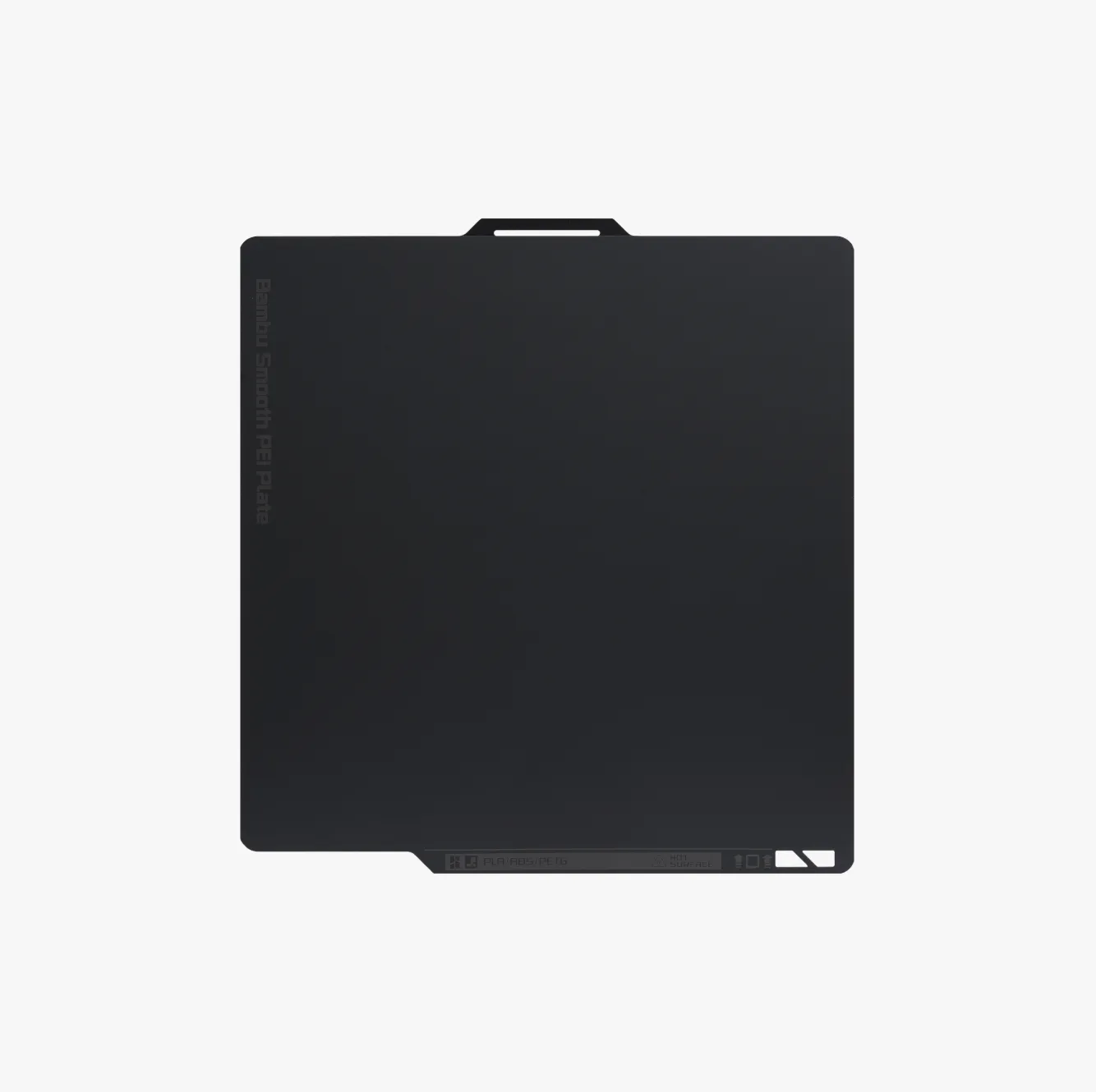 FAP010 Bambu Smooth Build Plate showing flat black PEI surface with handle tab and edge labeling for PLA ABS PETG printing