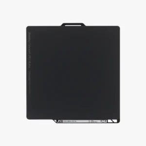 FAP032 Bambu Smooth PEI Flexible Build Plate for P2S showing flat black smooth PEI surface with handle tab and PLA ABS PETG label