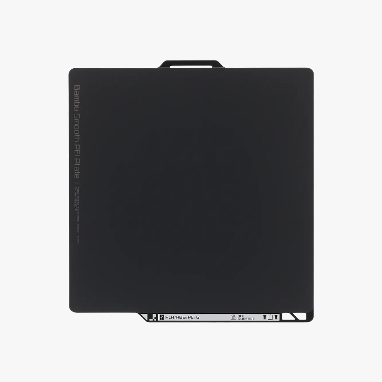 FAP032 Bambu Smooth PEI Flexible Build Plate for P2S showing flat black smooth PEI surface with handle tab and PLA ABS PETG label