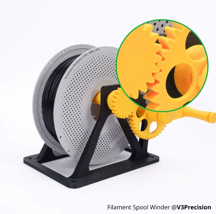 filament spool winder gear mechanism 3D printed using Bambu Lab PA6-GF Filament demonstrating strong engineering parts