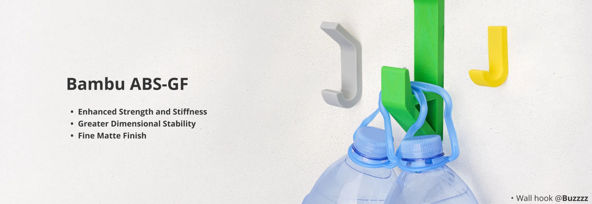 3D printed wall hook holding water bottles printed using Bambu Lab ABS-GF filament