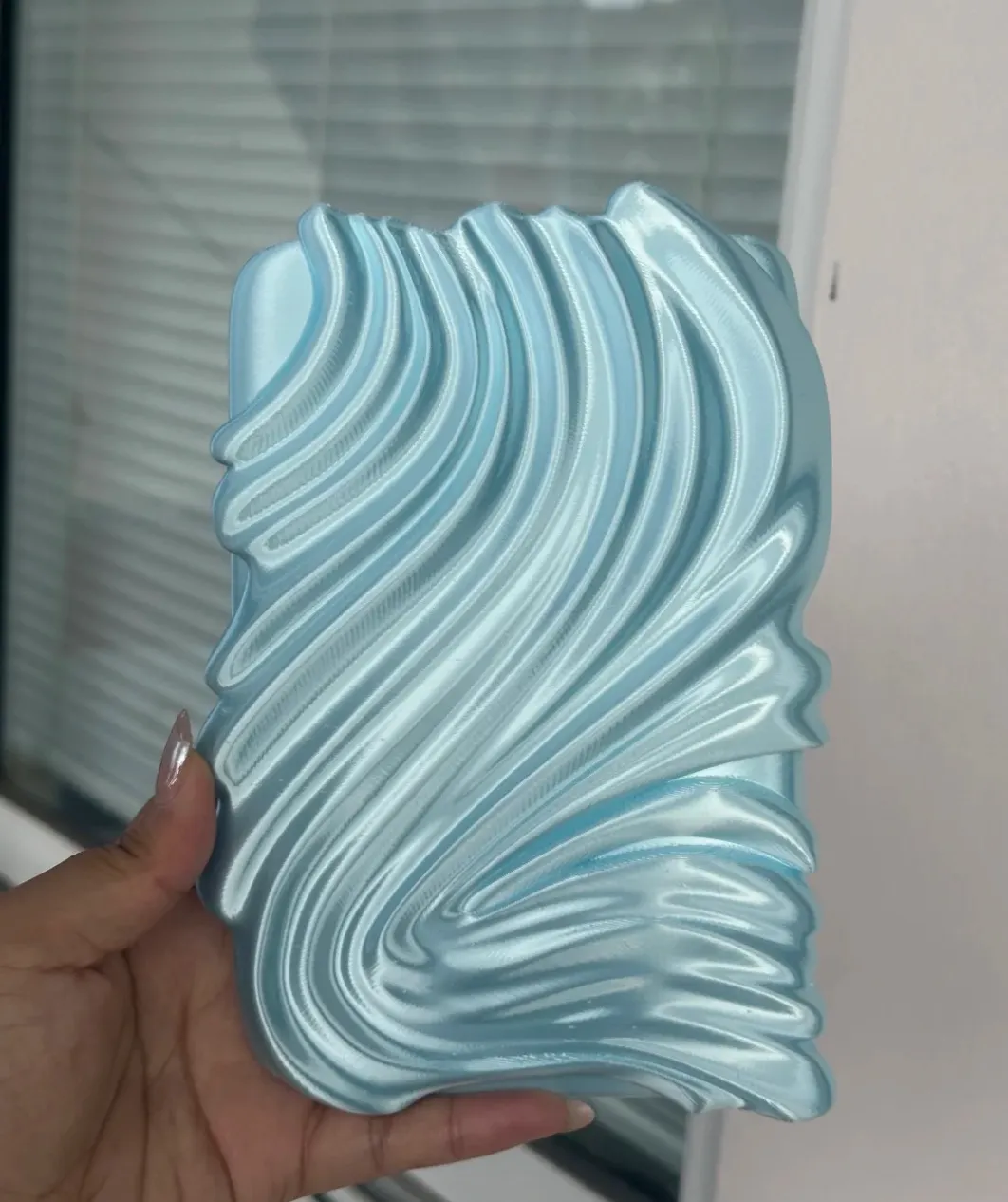 Handheld decorative textured panel printed with Bambu Lab PLA Silk+ Baby Blue Filament 1.75mm 1kg/Spool Color Code 13603 showing glossy silk finish