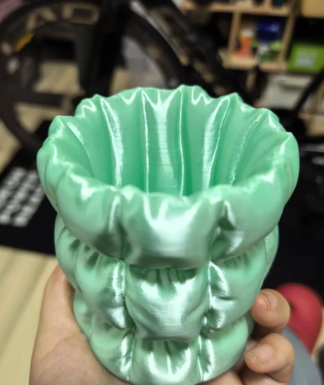 Close-up detail of 3D printed surface made with Bambu Lab PLA Silk+ Mint Green Filament 1.75mm 1kg/Spool Color Code 13507